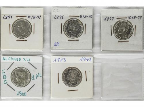 ALFONSO XIII. Lote 5 monedas 1 Peseta. 1891, 1896, 1899, 190