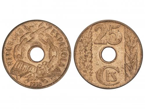 II REPÚBLICA. 25 céntimos. 1938. 4,78 grs. Brillo original. 