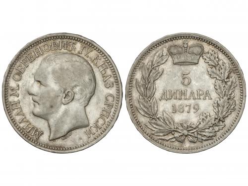 SERBIA. 5 Dinara. 1879. MILÁN OBRENOVICH IV. 24,89 grs. AR. 