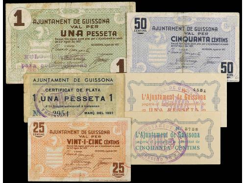 CATALUNYA. Lote 6 billetes 25, 50 Cèntims (2) y 1 Pessetes (