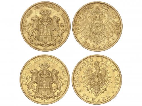 ESTADOS ALEMANES. Lote 2 monedas 20 Mark. 1884-J y 1897-J.