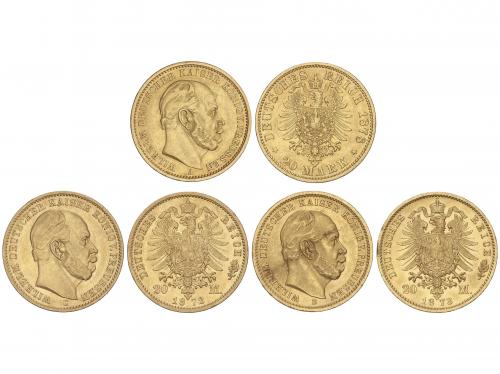 ESTADOS ALEMANES. Lote 3 monedas 20 Mark. 1872-C, 1873-B y