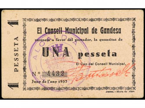 CATALUNYA. 1 Pesseta. Juny 1937. C.M. de GANDESA. Cartulina.