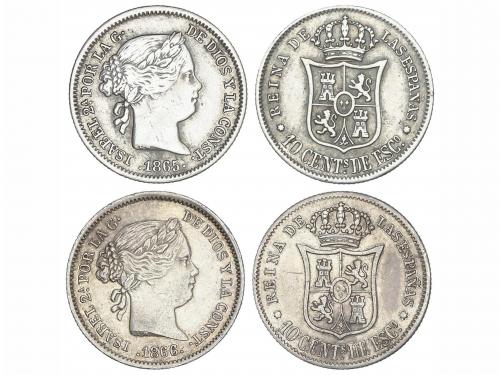ISABEL II. Lote 2 monedas 10 Céntimos de Escudo. 1865 y 1866