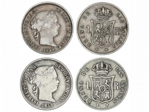 ISABEL II. Lote 2 monedas 1 Real. 1858/7. BARCELONA y SEVILL