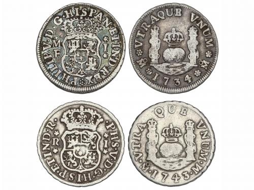 FELIPE V. Lote 2 monedas 1 Real. 1734/3 y 1743. MÉXICO. Colu