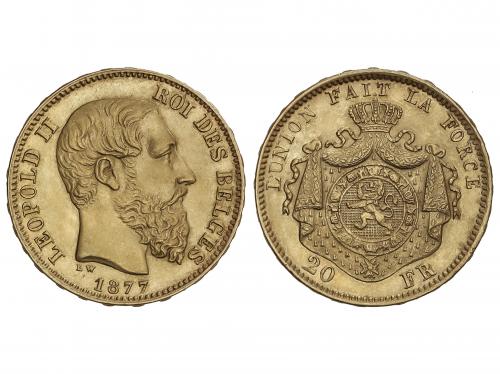 BÉLGICA. 20 Francs. 1877. LEOPOLD II. 6,43 grs. AU. Fr-412; 