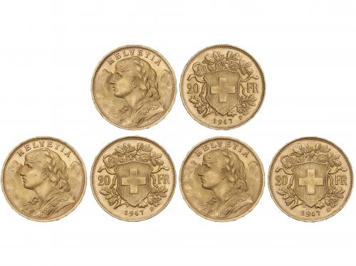 SUIZA. Lote 3 monedas 20 Francs. 1947-B. BERNA. Peso total: 