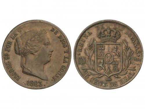 ISABEL II. 25 Céntimos de Real. 1863. SEGOVIA. 9,05 grs. Pát
