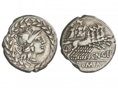 REPÚBLICA ROMANA. Denario. 138 a.C. GELLIA. Cnaeus Gellius. 
