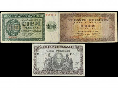 Lote 3 billetes 100 Pesetas. 1936, 38, 40. A EXAMINAR. Ed-42