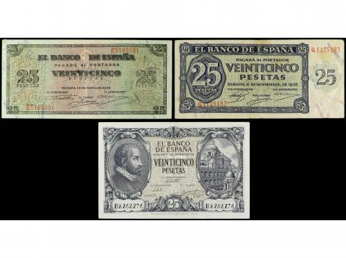 Lote 3 billetes 25 Pesetas. 1936, 38, 40. A EXAMINAR. Ed-419