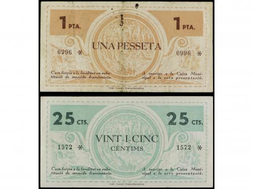 CATALUNYA. Lote 2 billetes 25 Cèntims y 1 Pesseta. Juny 1938