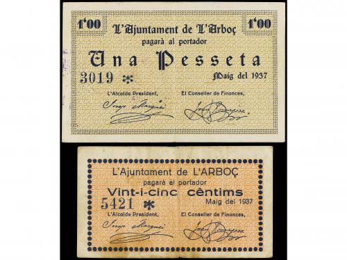 CATALUNYA. Lote 2 billetes 25 Cèntims y 1 Pesseta. Maig 1937