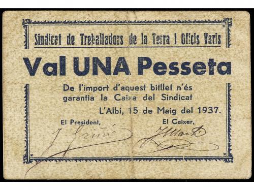 CATALUNYA. 1 Pesseta. 15 Maig 1937. L´ ALBI. SINDICAT DE TRE