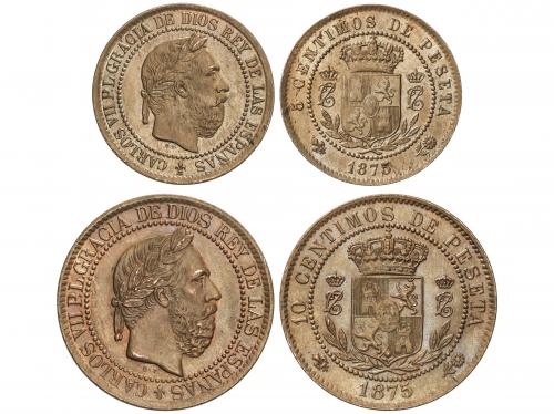 CARLOS VII Pretendiente. Lote 2 monedas 5 y 10 Céntimos. 18