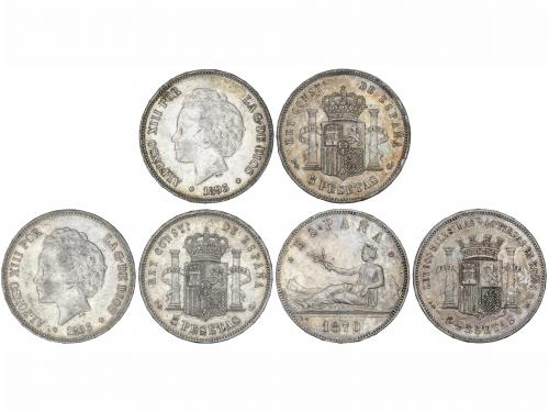 LOTES CENTENARIO. Lote 3 monedas 5 Pesetas. 1870 y 1893. GOB