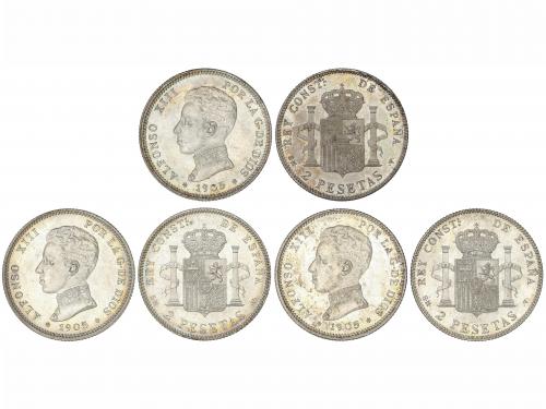 ALFONSO XIII. Lote 3 monedas 2 Pesetas. 1905 (*19-05). S.M.-