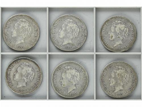 ALFONSO XIII. Lote 6 monedas 5 Pesetas. 1893 (*__-__). P.G.-