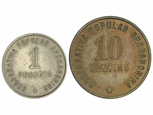 CATALUNYA. Lote 2 monedas 10 Cèntims y 1 Pesseta. Guerra civ