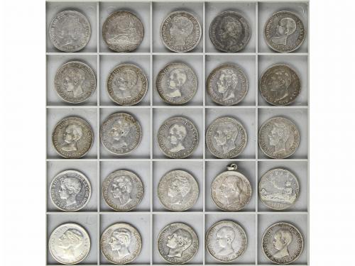 LOTES CENTENARIO. Lote 25 monedas 5 Pesetas. 1870 a 1898. GO