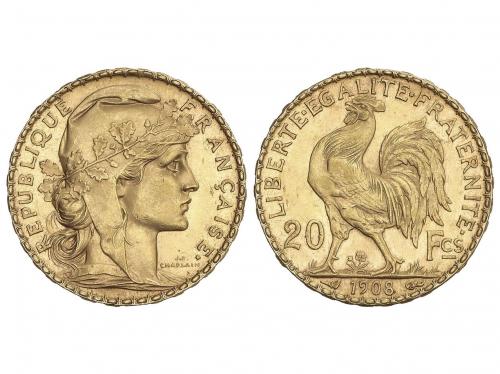 FRANCIA. 20 Francs. 1908. III REPUBLIQUE. 6,43 grs. AU. Gall