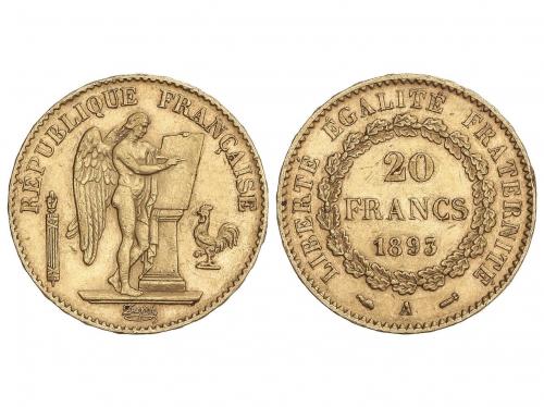 FRANCIA. 20 Francs. 1893-A. PARIS. 6,42 grs. AU. Ángel. (Gol