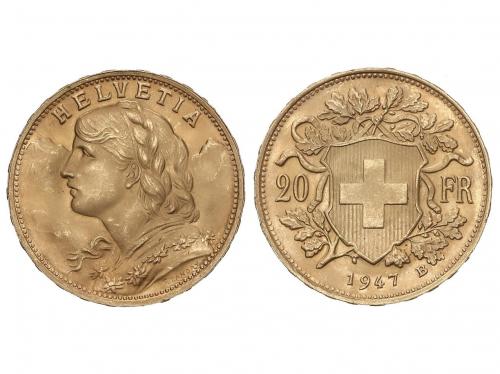 SUIZA. 20 Francs. 1947-B. BERNA. 6,43 grs. AU. Helvetia. Fr-