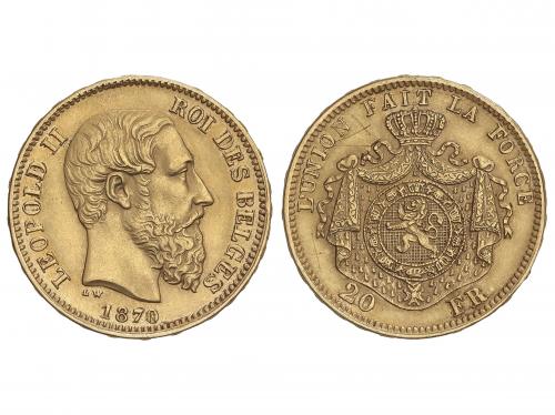 BÉLGICA. 20 Francs. 1870. LEOPOLD II. Anv.: Posición A en le