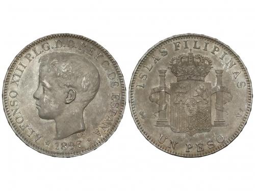 ALFONSO XIII. 1 Peso. 1897. MANILA. S.G.-V. Pátina acerada. 