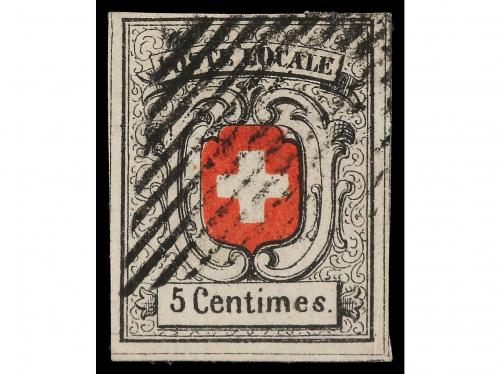 ° SUIZA. Yv. 7. 1851. 5 cents. negro y rojo Poste Locale. Ma