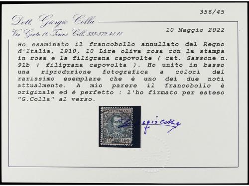 ° ITALIA. Ed. 91b. 1910. 10 liras verde y rosa. FONDO INVERT