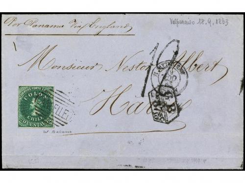 ✉ CHILE. Sc. 13. 1862. VALPARAÍSO a FRANCIA. 20 cts. verde m