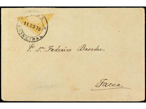 ✉ PERU. Sc. 15a. 1876. LIMA a TACNA. 1 peseta amarillo bisec