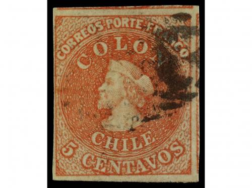 ° CHILE. Sc. 1. 1853. 5 ctvos. castaño rojo. Tres grandes má