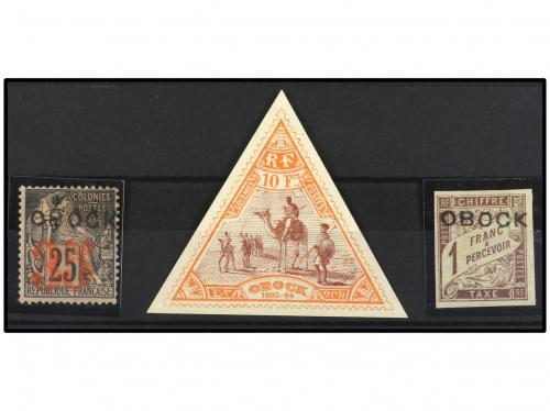 * OBOCK. Yv. 29, 62, T 16. 1892-94. TRES sellos. Firma Rayba