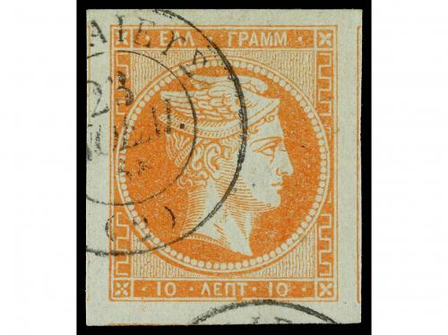° GRECIA. Yv. 13. 1861-62. 10 cts. naranja s. verde. Márgene