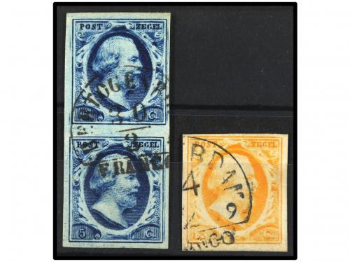 ° HOLANDA. Yv. 1 (2), 3. 1852. 5 cent. azul. Pareja vertical