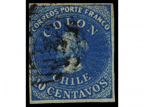 ° CHILE. Sc. 2. 1853. 10 ctvos. azul. MUY BONITO EJEMPLAR. 