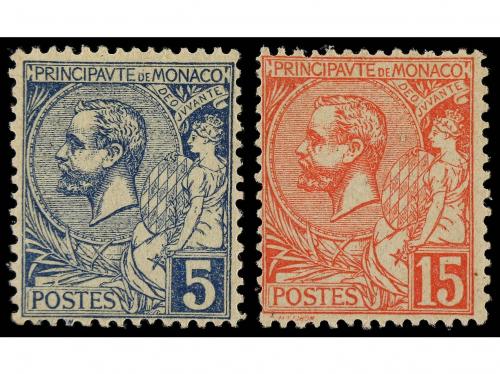 ** MONACO. Yv. 16. 1891-94. 5 cts. azul, 15 cts. rosa y 5 fr