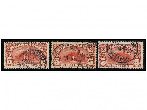 ° DINAMARCA. Yv. 68 (3). 1912. 5 kr. rojo. Tres sellos. MY B