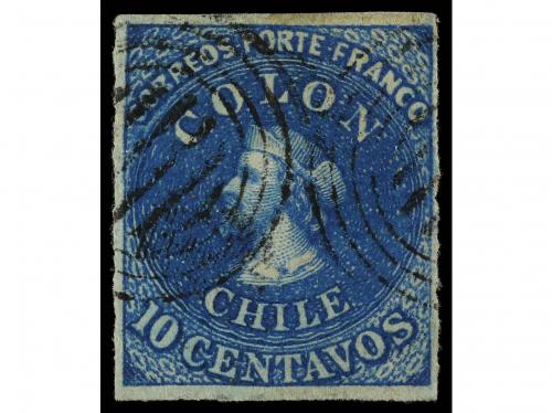° CHILE. Sc. 2. 1853. 10 ctvos. azul. MAGNÍFICO EJEMPLAR. 