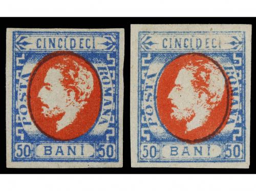 * RUMANIA. Yv. 32 (2). 1872. 50 b. azul y rojo. 2 sellos. Fi