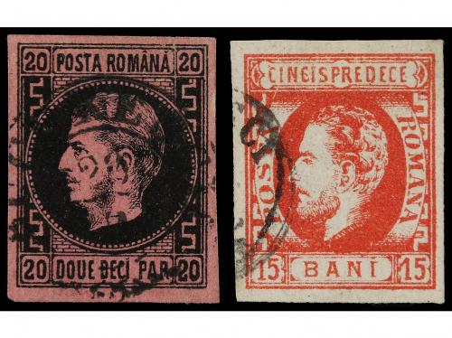 ° RUMANIA. Yv. 16e, 29. 1867-71. 20 p. negro s. rosa y 15 b.