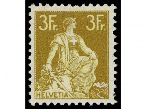 ** SUIZA. Yv. 127. 1907-17. 3 fr. bistre. MAGNÍFICO. Firmado