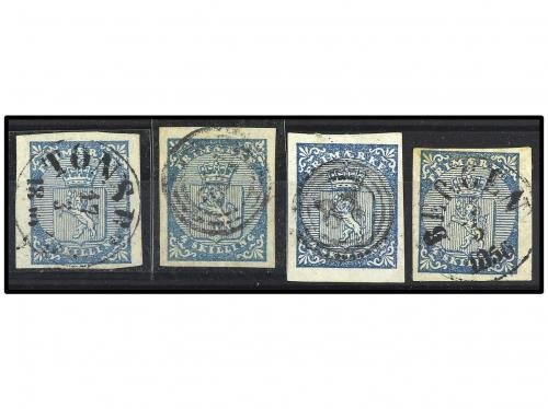 ° NORUEGA. Yv. 1. 1855. 4 sk. azul. Cuatro ejemplares. MUY B