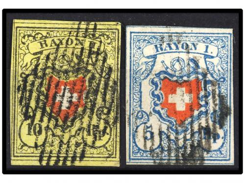 ° SUIZA. Yv. 15, 20. 1850. 5 rp. y 10 rp. MUY BONITOS. Firma