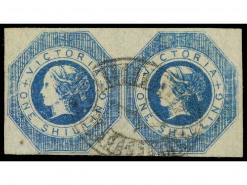 ° VICTORIA. Sg. 25 (2). 1854. 1 sh. azul pareja. PRECIOSA. C