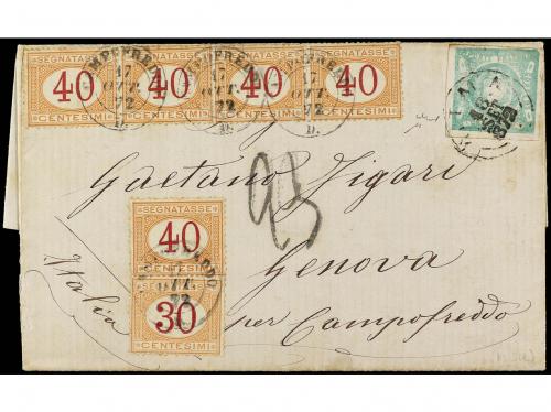 ✉ PERU. Sc. 14. 1872. LIMA a GENOVA. 1 dinero verde, tasada 
