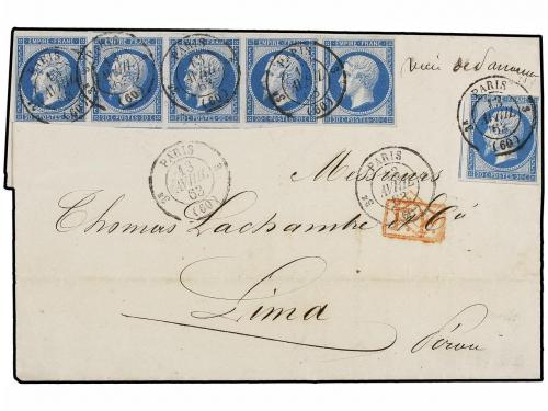 ✉ FRANCIA. Yv. 14B (6). 1863. PARÍS a LIMA. 20 cts. azul, se
